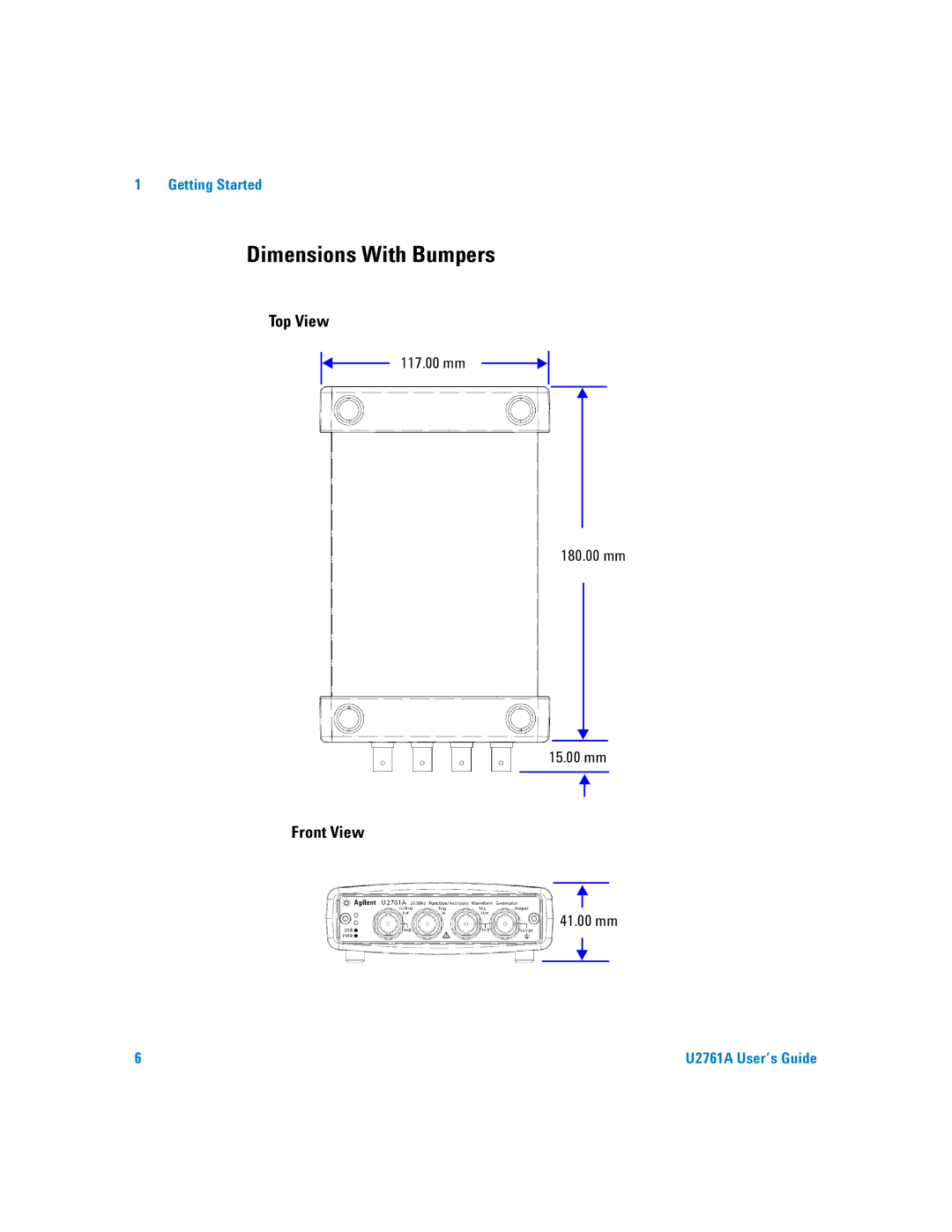 Agilent Technologies U2761A manual Dimensions With Bumpers, 117.00 mm 180.00 mm 15.00 mm, 41.00 mm 