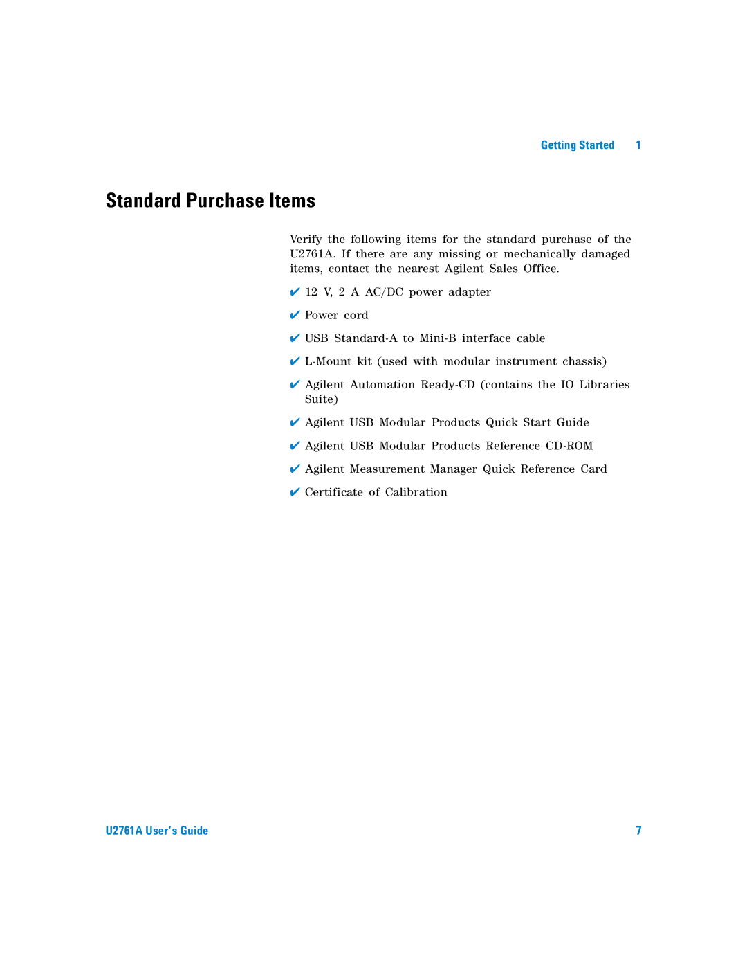 Agilent Technologies U2761A manual Standard Purchase Items 