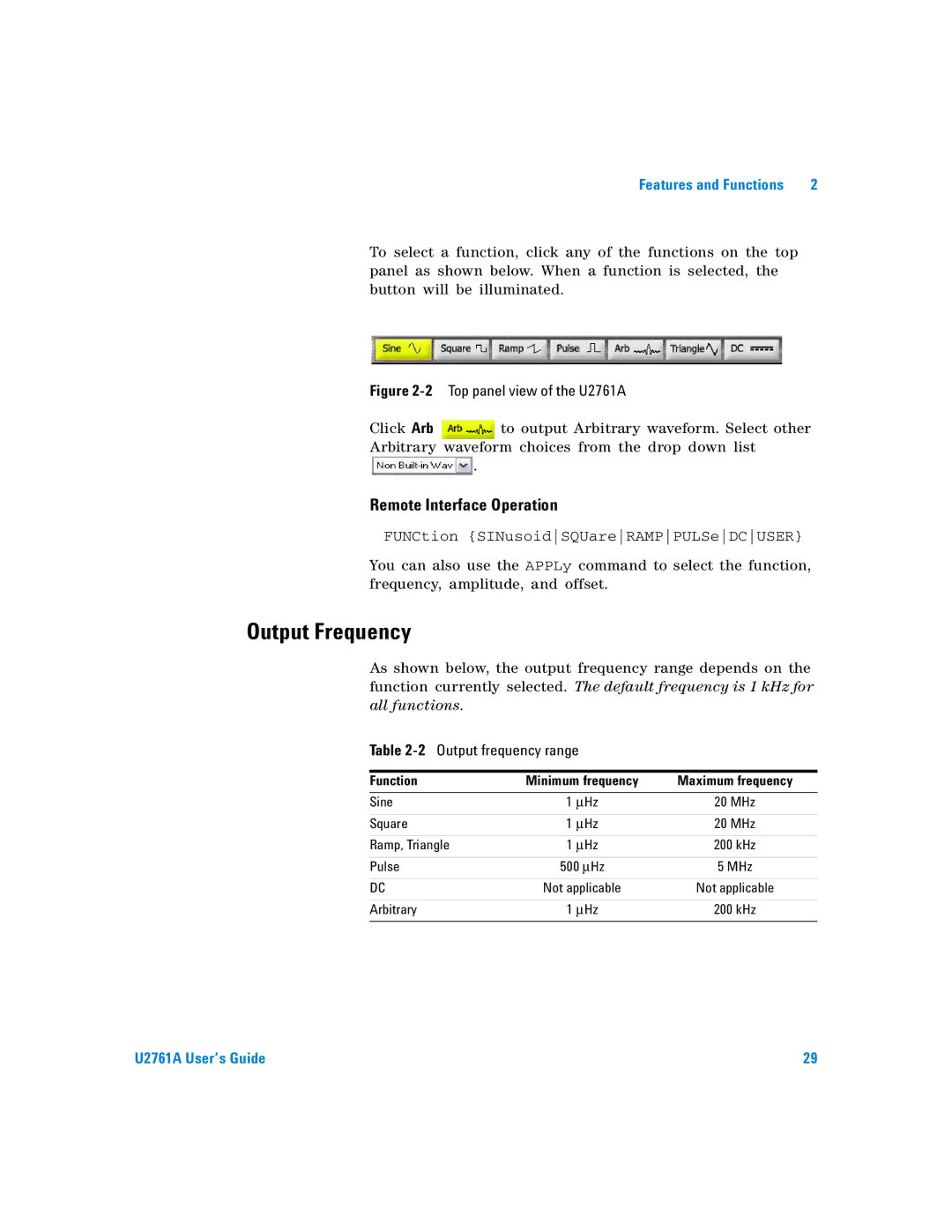 Agilent Technologies U2761A manual Output Frequency, 2Output frequency range 