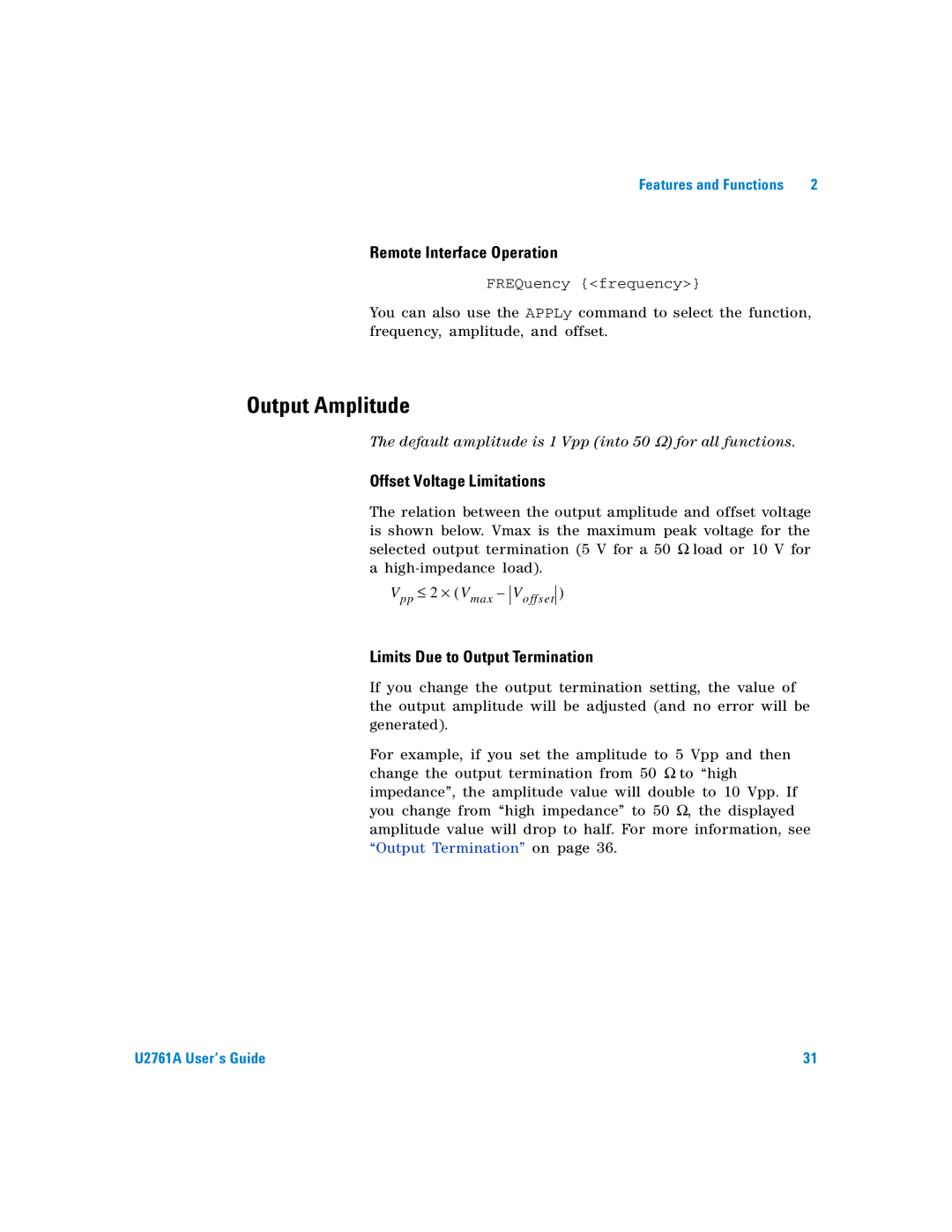 Agilent Technologies U2761A manual Output Amplitude, Offset Voltage Limitations 