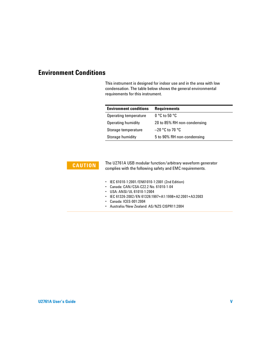 Agilent Technologies U2761A manual Environment Conditions, Complies with the following safety and EMC requirements 