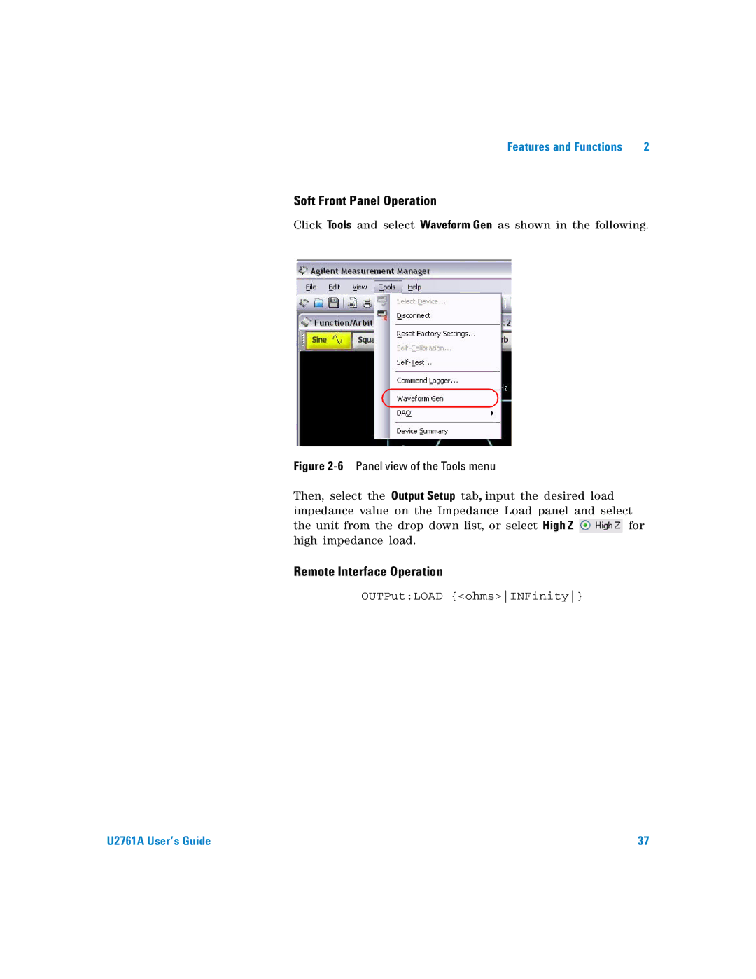 Agilent Technologies U2761A manual OUTPutLOAD ohmsINFinity 