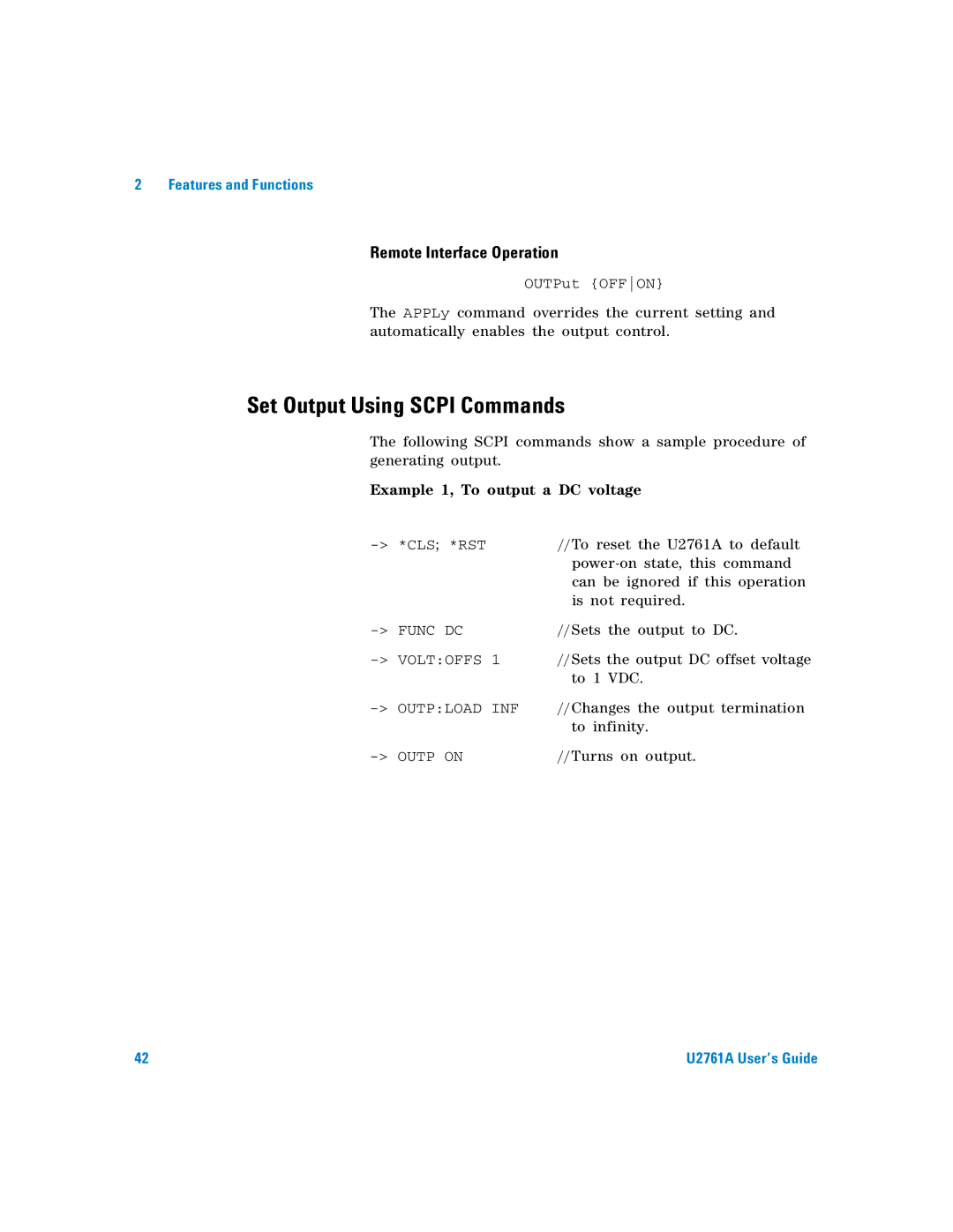 Agilent Technologies U2761A manual Set Output Using Scpi Commands, Example 1, To output a DC voltage 