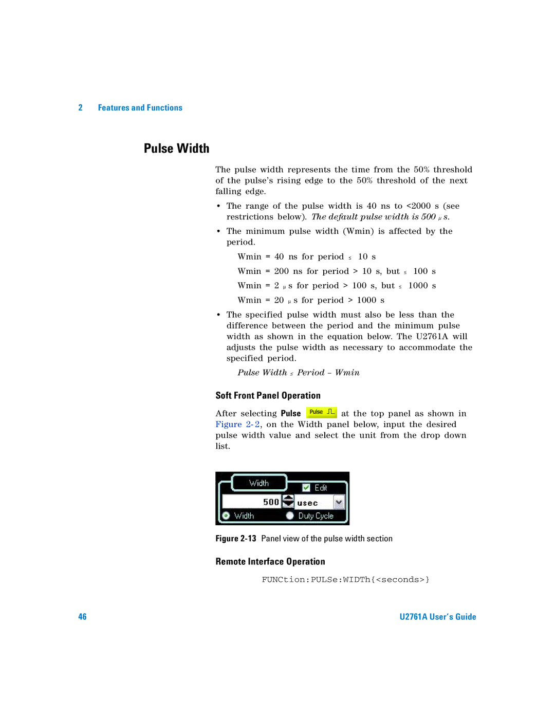 Agilent Technologies U2761A manual Pulse Width, 13Panel view of the pulse width section 