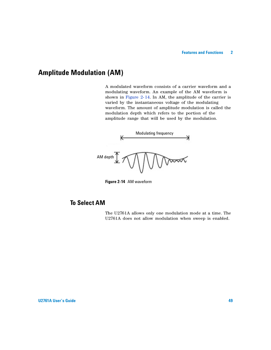 Agilent Technologies U2761A manual Amplitude Modulation AM, To Select AM, Modulating frequency AM depth 