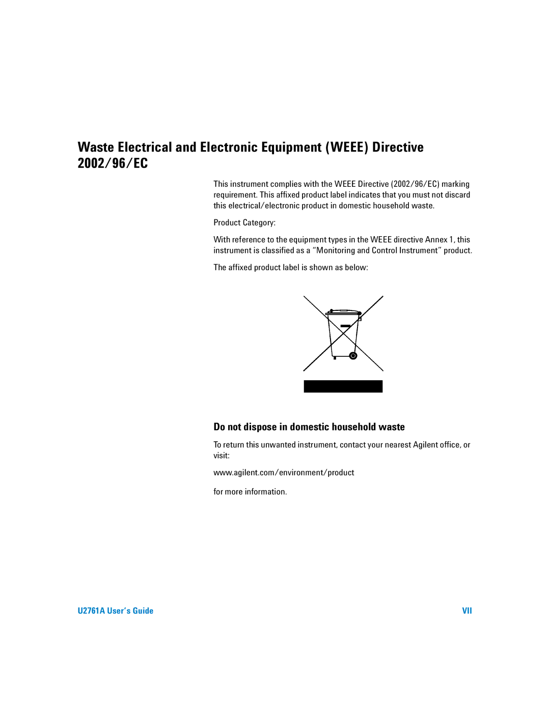 Agilent Technologies U2761A manual Product Category, Affixed product label is shown as below 