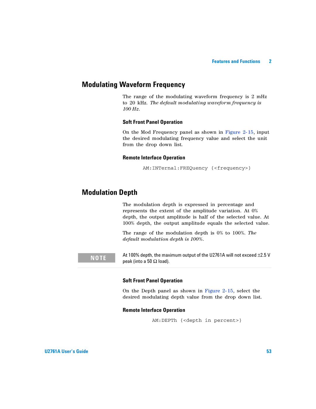 Agilent Technologies U2761A manual Modulating Waveform Frequency, Modulation Depth, Peak into a 50 Ω load 