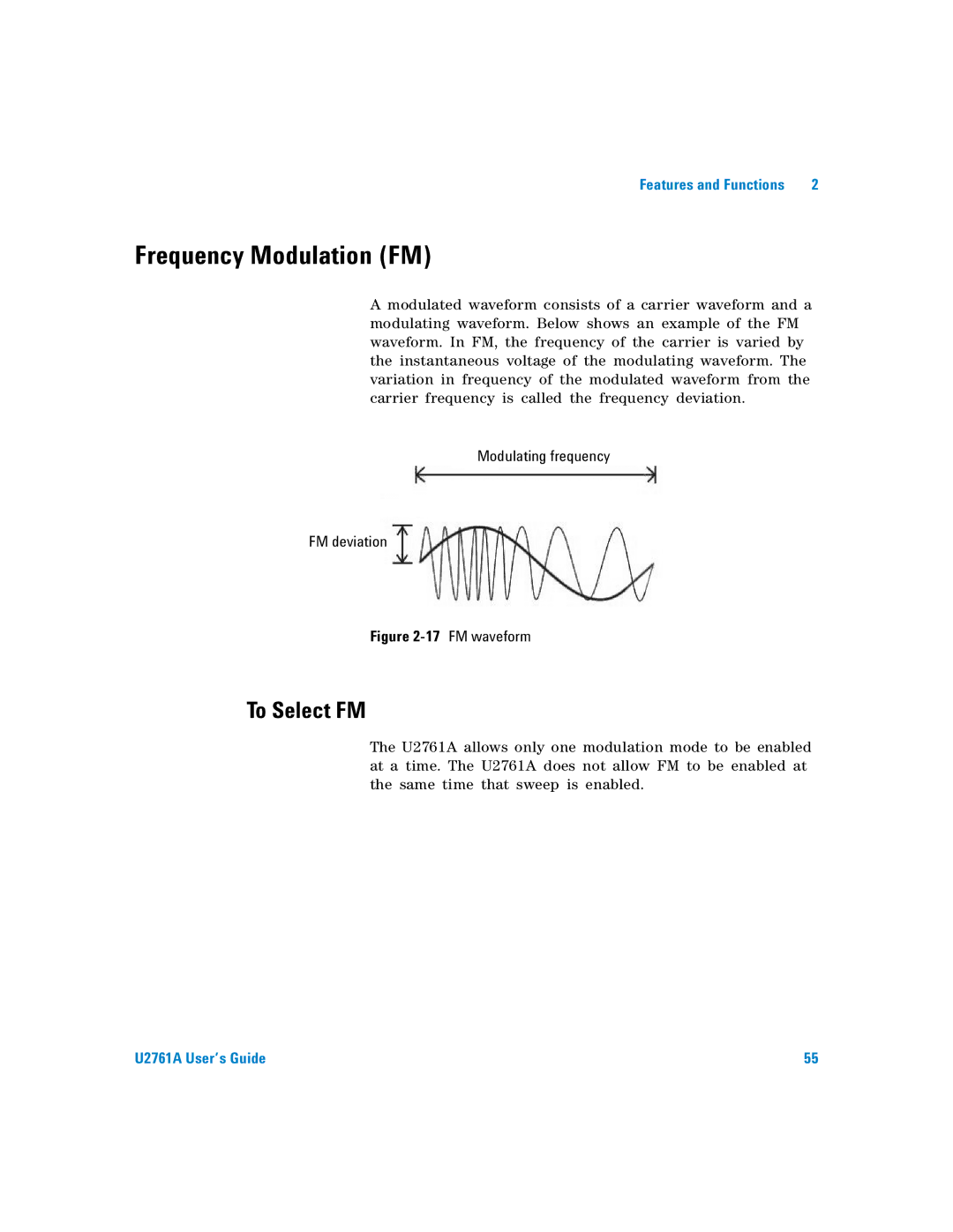 Agilent Technologies U2761A manual Frequency Modulation FM, To Select FM, Modulating frequency FM deviation 