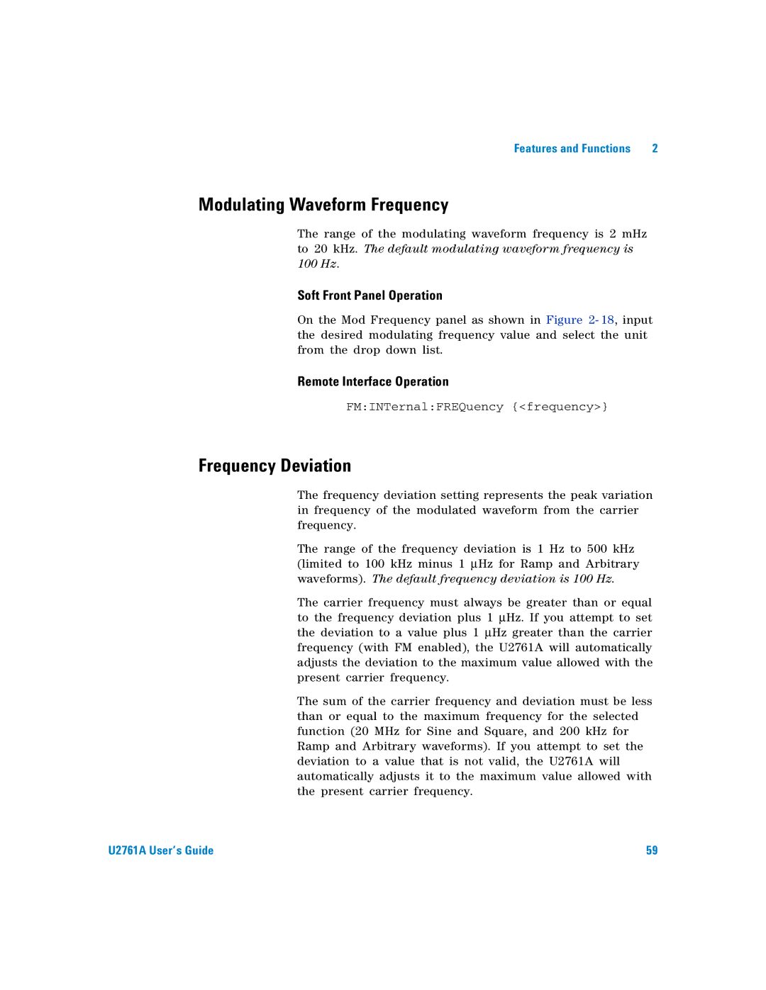 Agilent Technologies U2761A manual Modulating Waveform Frequency, Frequency Deviation 