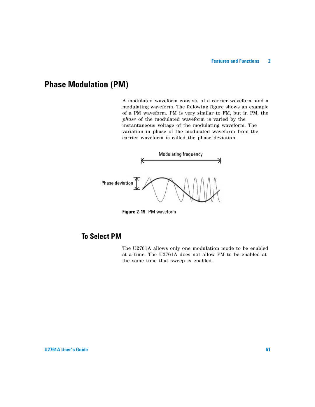 Agilent Technologies U2761A manual Phase Modulation PM, To Select PM, Modulating frequency Phase deviation 