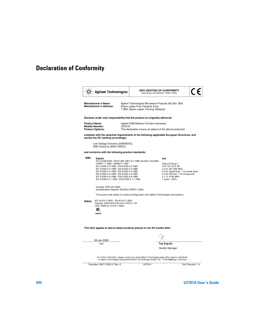 Agilent Technologies U2761A manual Declaration of Conformity 