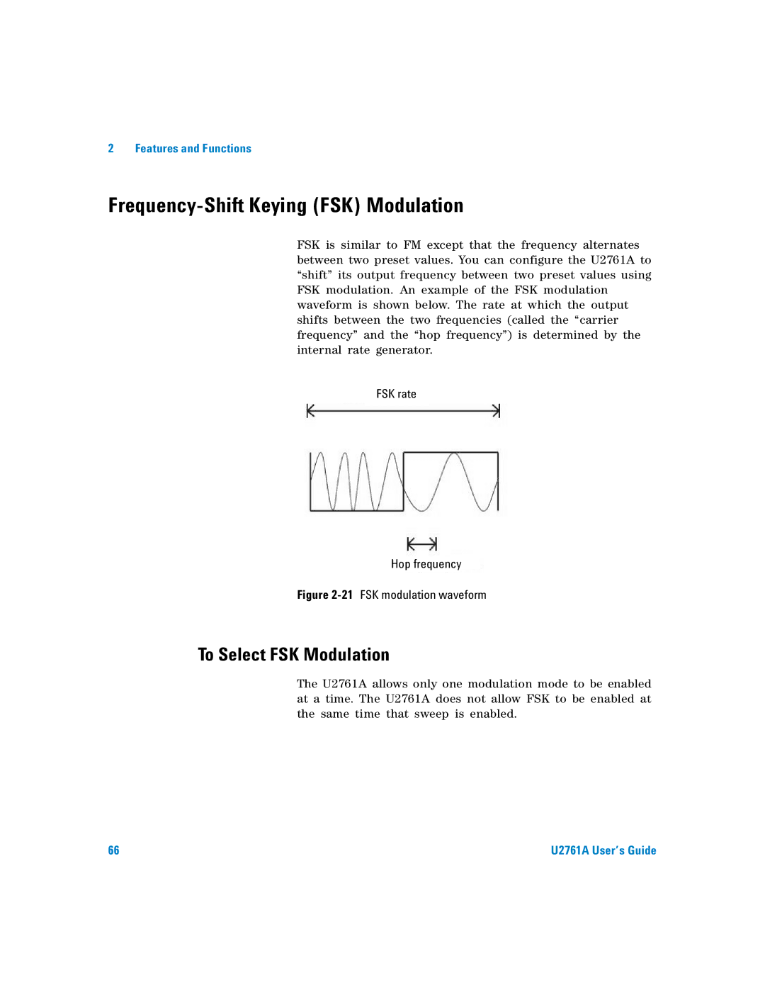 Agilent Technologies U2761A manual Frequency-Shift Keying FSK Modulation, To Select FSK Modulation, FSK rate Hop frequency 