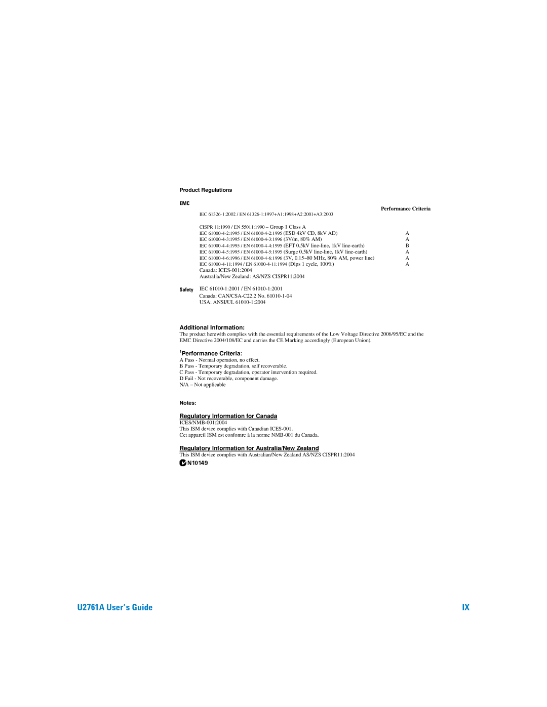 Agilent Technologies U2761A manual Regulatory Information for Australia/New Zealand 