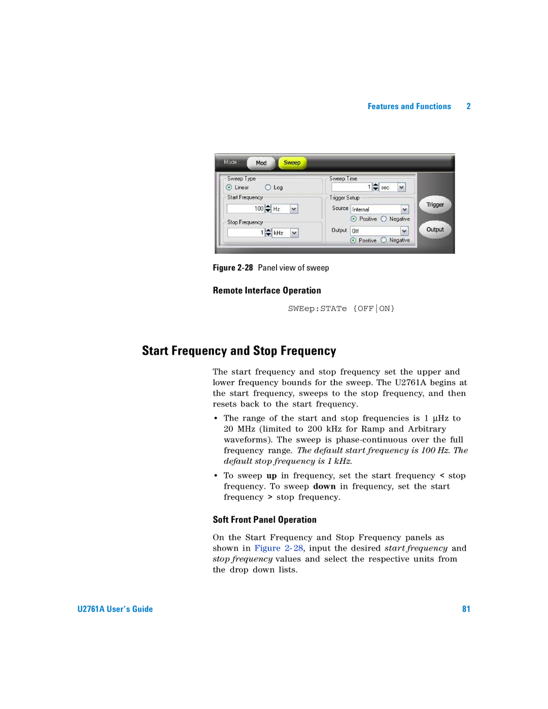 Agilent Technologies U2761A manual Start Frequency and Stop Frequency, 28Panel view of sweep 