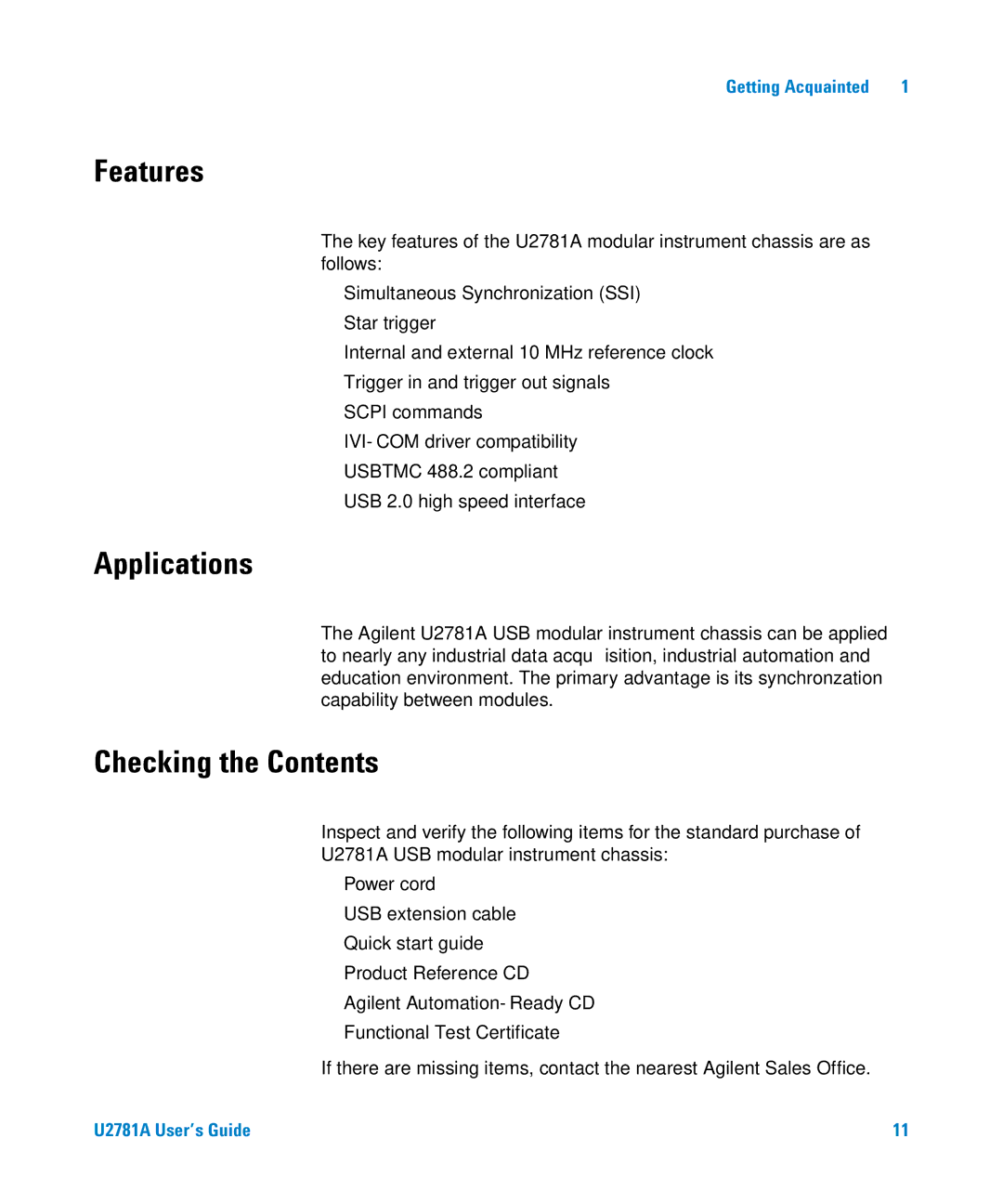 Agilent Technologies U2781A manual Features, Applications, Checking the Contents 