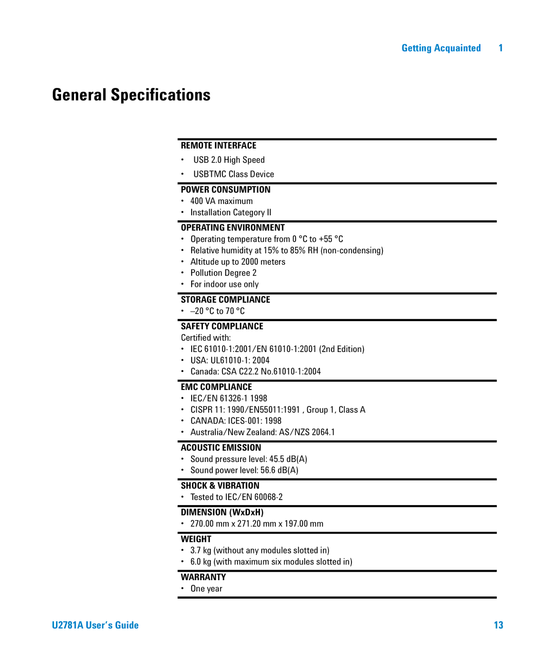 Agilent Technologies U2781A manual General Specifications, Operating Environment 