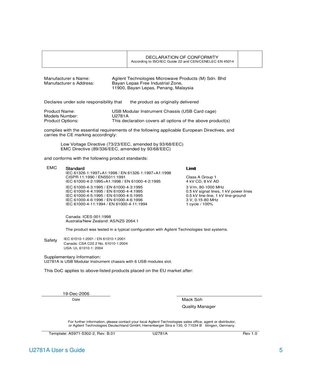 Agilent Technologies U2781A manual Declaration of Conformity 