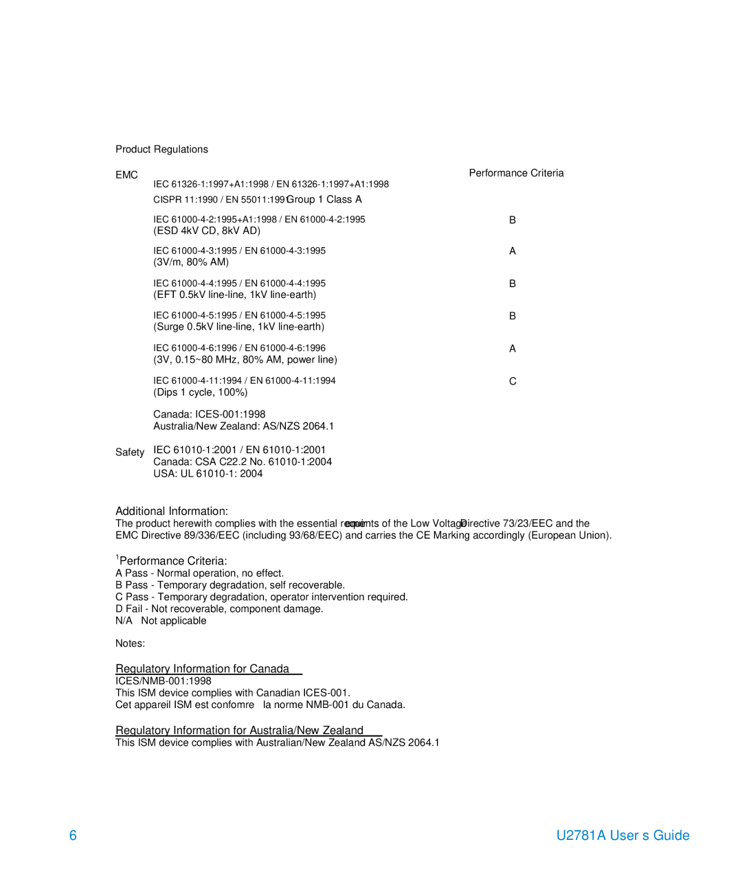 Agilent Technologies U2781A manual Regulatory Information for Australia/New Zealand 