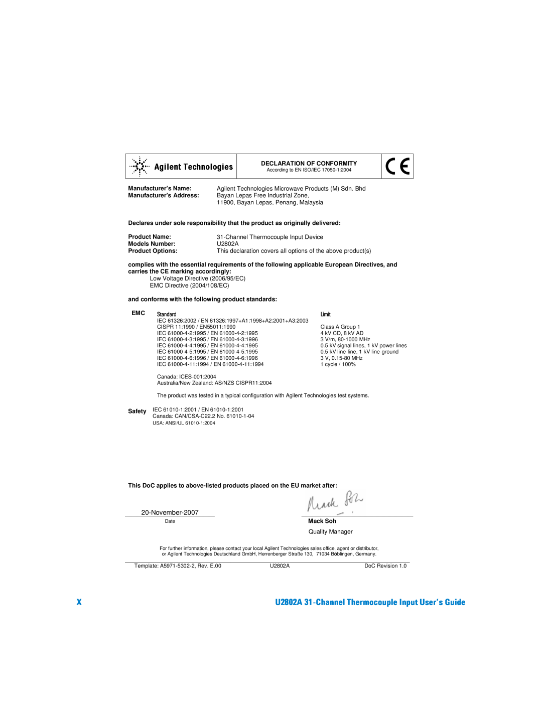 Agilent Technologies manual November-2007, U2802A 31-ChannelThermocouple Input User’s Guide 