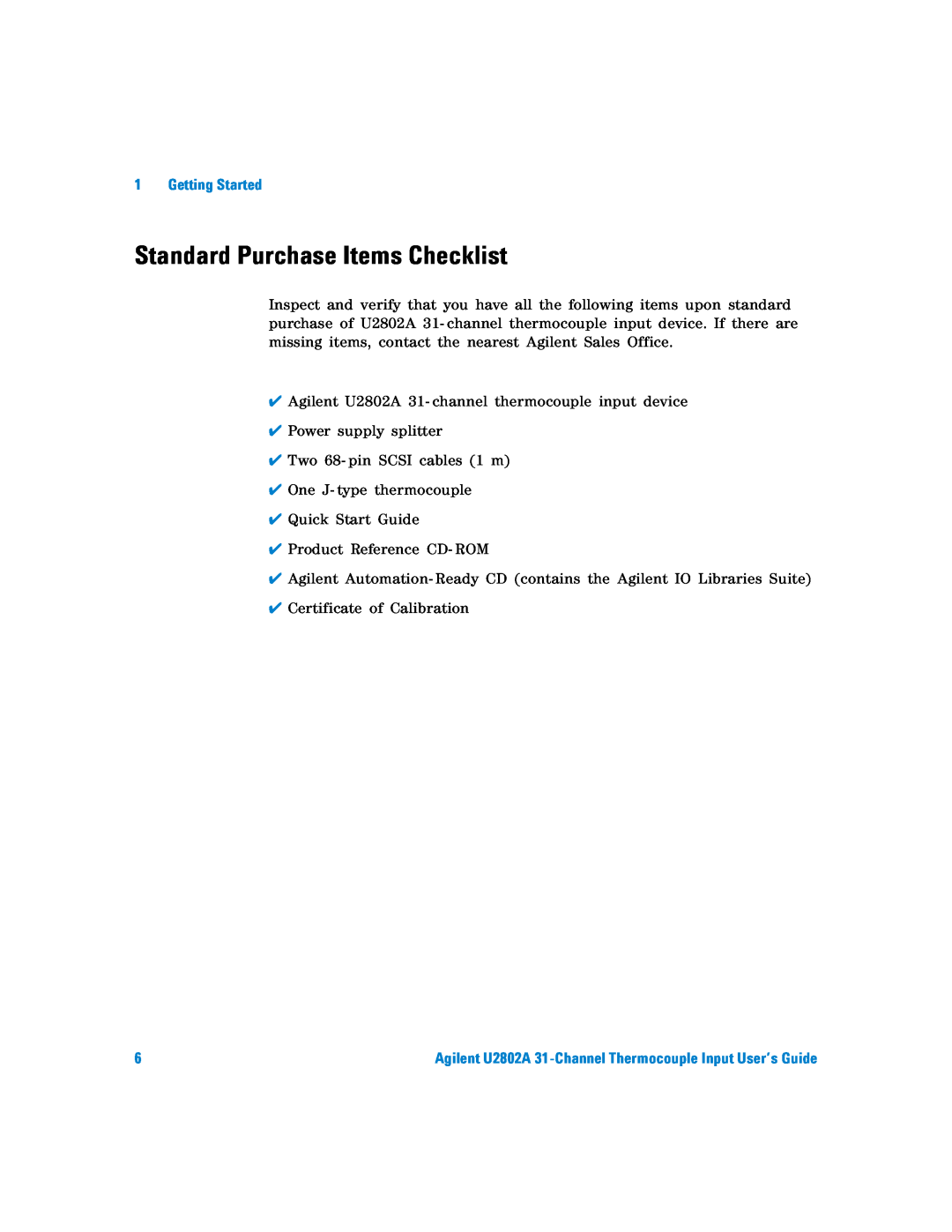 Agilent Technologies U2802A manual Standard Purchase Items Checklist, Getting Started 