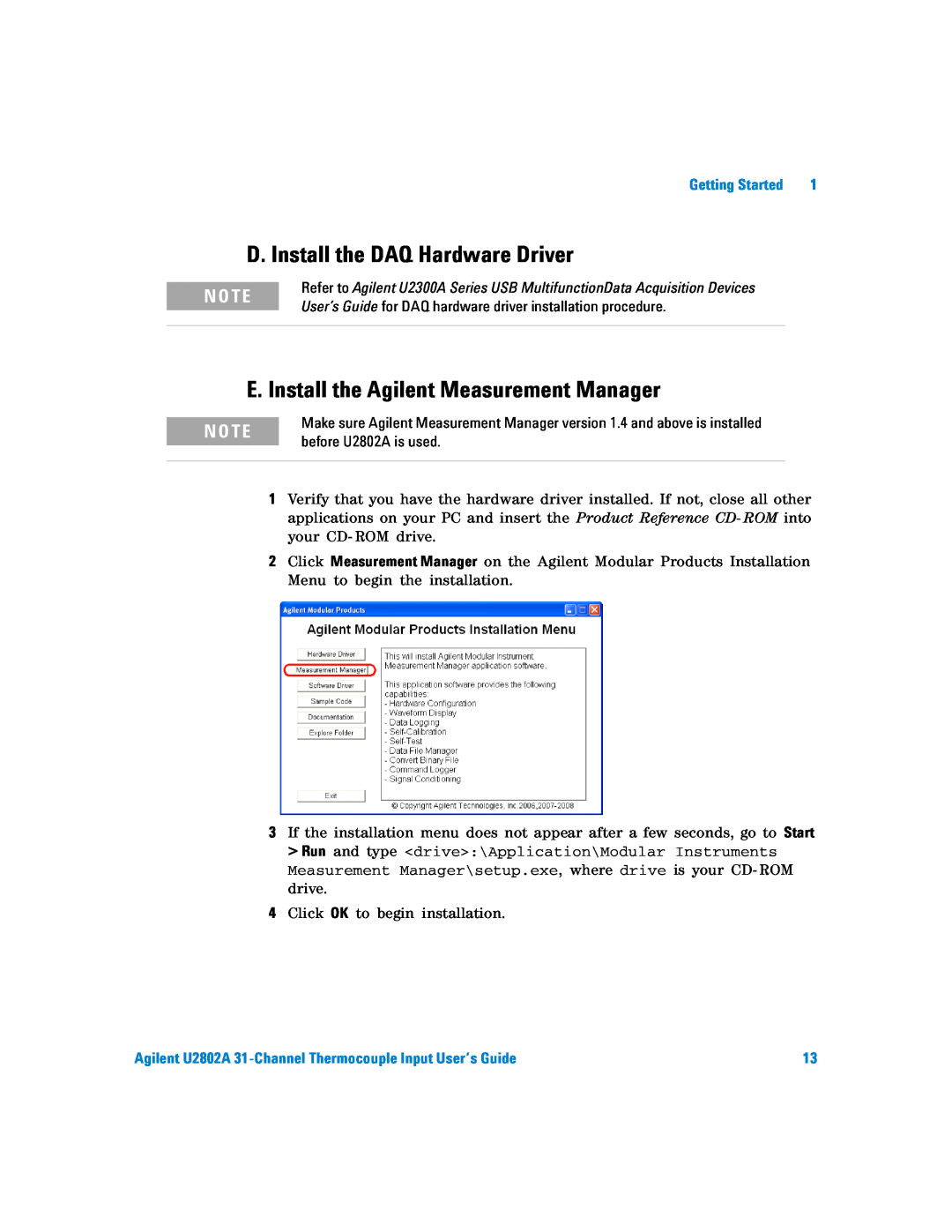 Agilent Technologies U2802A manual D. Install the DAQ Hardware Driver, E. Install the Agilent Measurement Manager, N O Te 