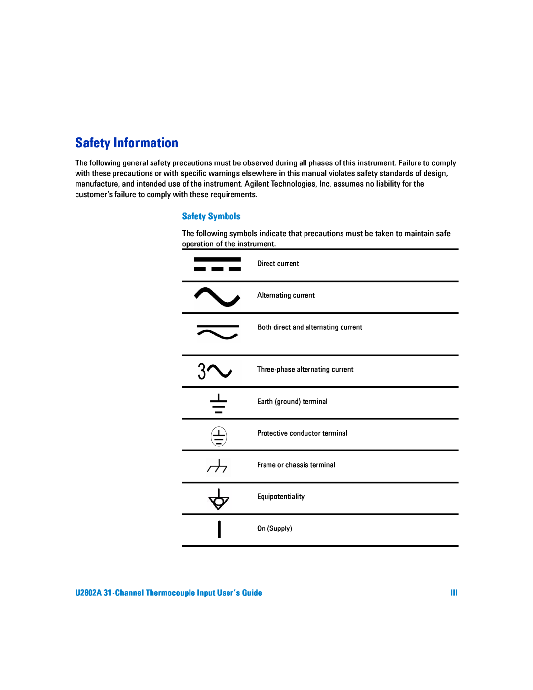 Agilent Technologies manual Safety Information, Safety Symbols, U2802A 31-ChannelThermocouple Input User’s Guide 