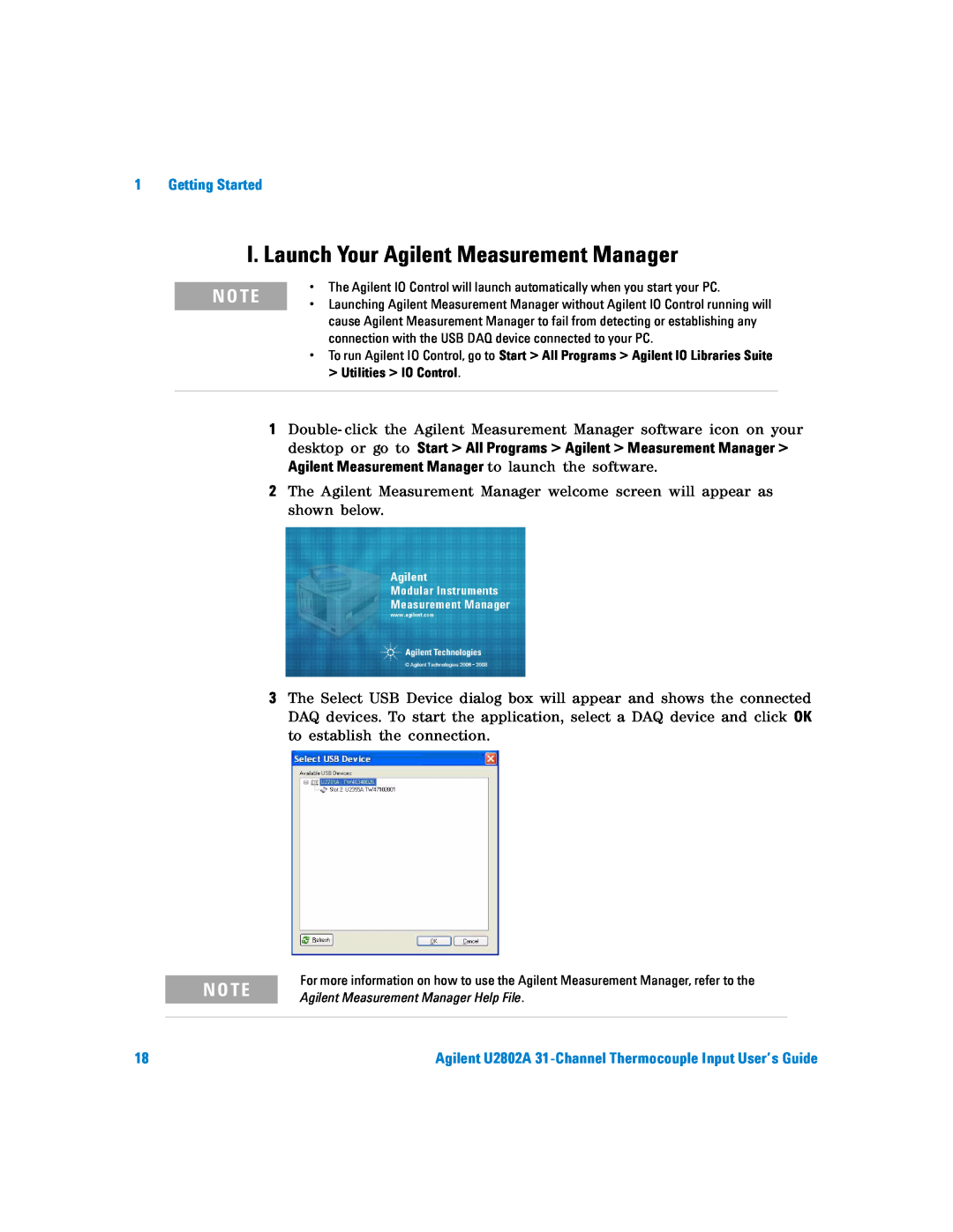 Agilent Technologies U2802A manual I.Launch Your Agilent Measurement Manager, N O Te, 1Getting Started 