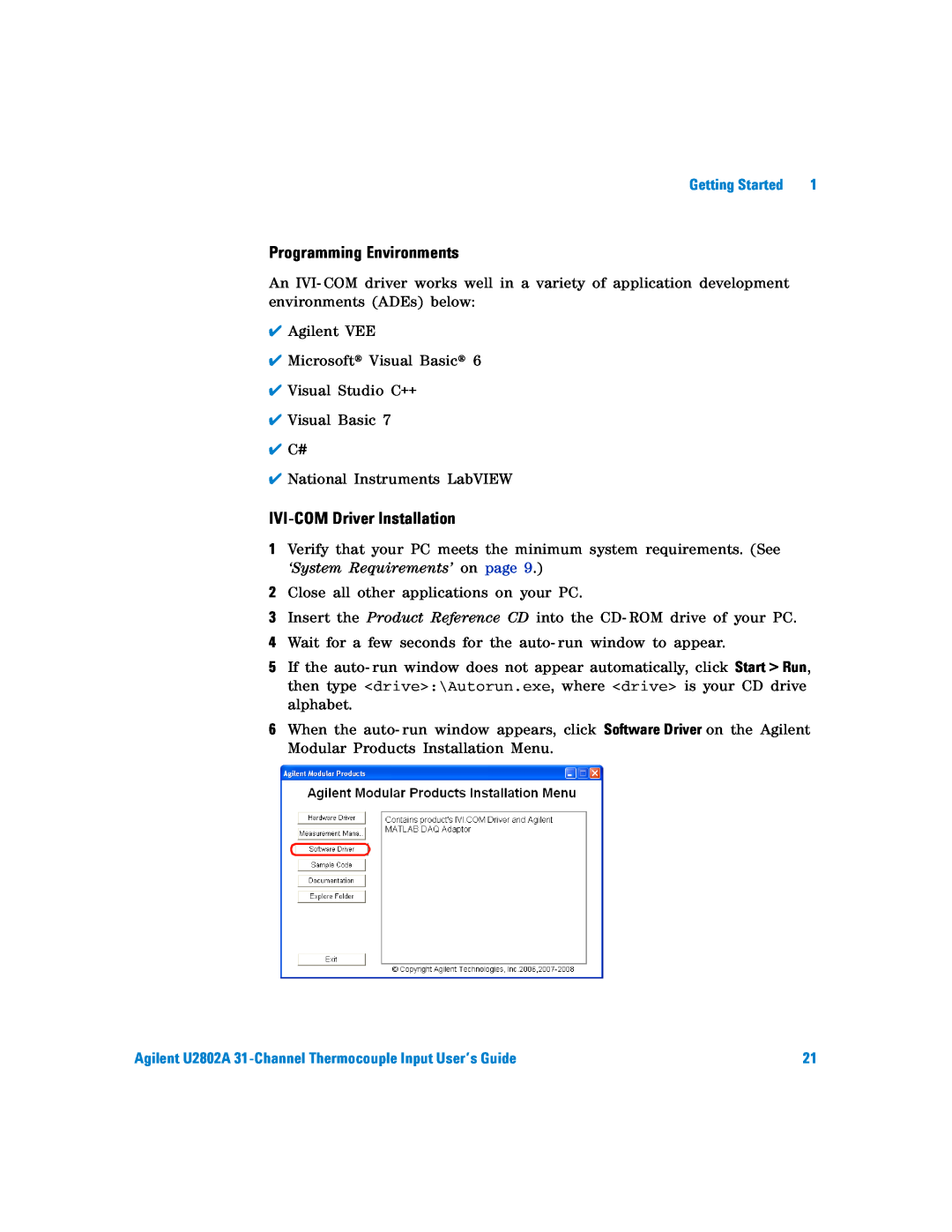 Agilent Technologies U2802A manual Programming Environments, IVI-COMDriver Installation 
