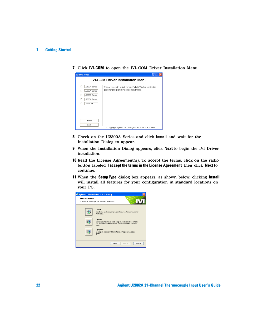 Agilent Technologies U2802A manual Getting Started, 7Click IVI-COM to open the IVI- COM Driver Installation Menu 