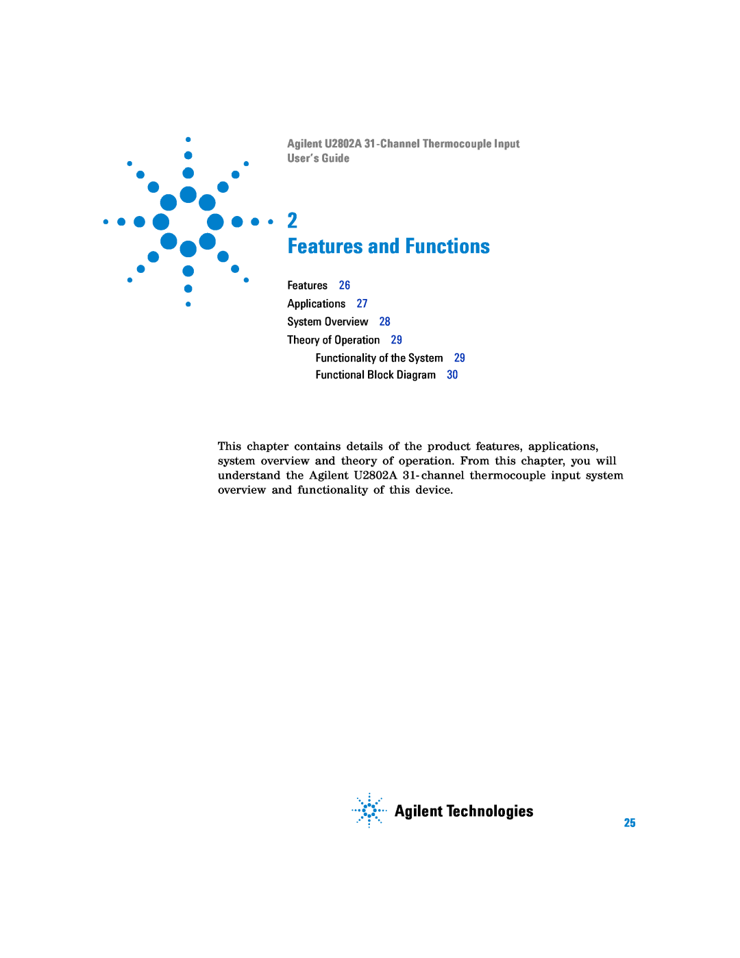 Agilent Technologies manual Features and Functions, Agilent Technologies, Agilent U2802A 31-ChannelThermocouple Input 