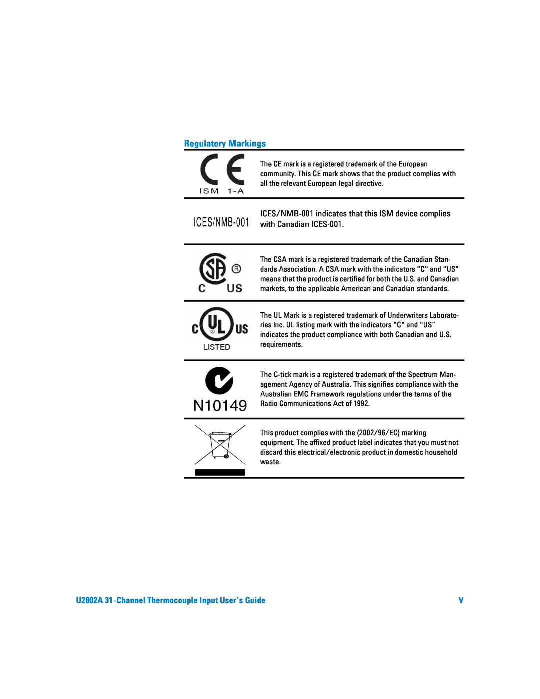 Agilent Technologies manual Regulatory Markings, U2802A 31-ChannelThermocouple Input User’s Guide 