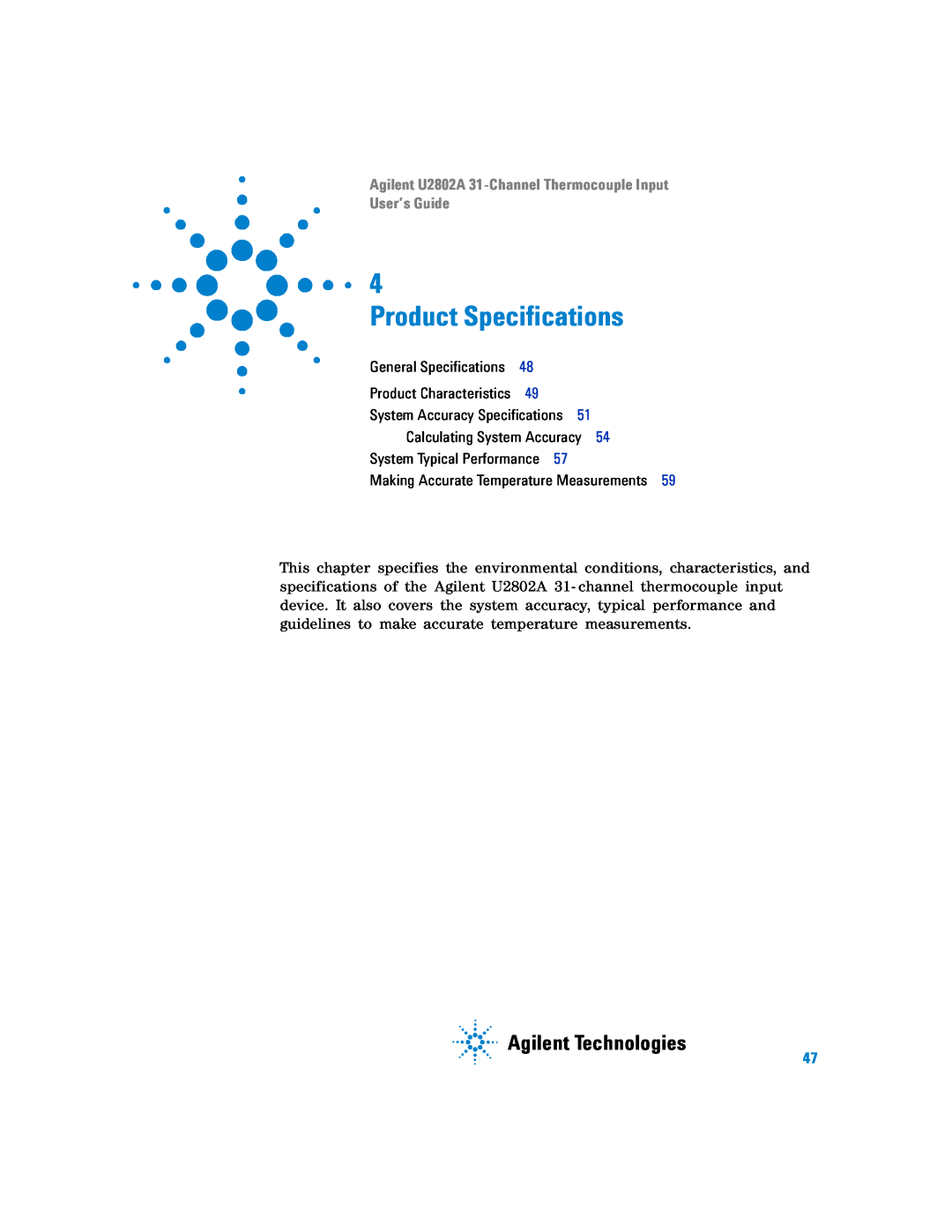 Agilent Technologies manual Product Specifications, Agilent Technologies, Agilent U2802A 31-ChannelThermocouple Input 