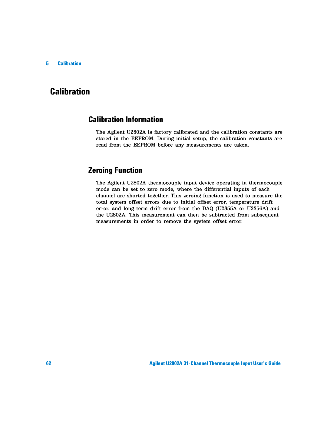 Agilent Technologies U2802A manual Calibration Information, Zeroing Function 