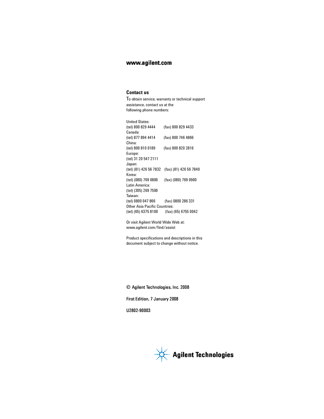 Agilent Technologies U2802A manual Agilent Technologies, Contact us 