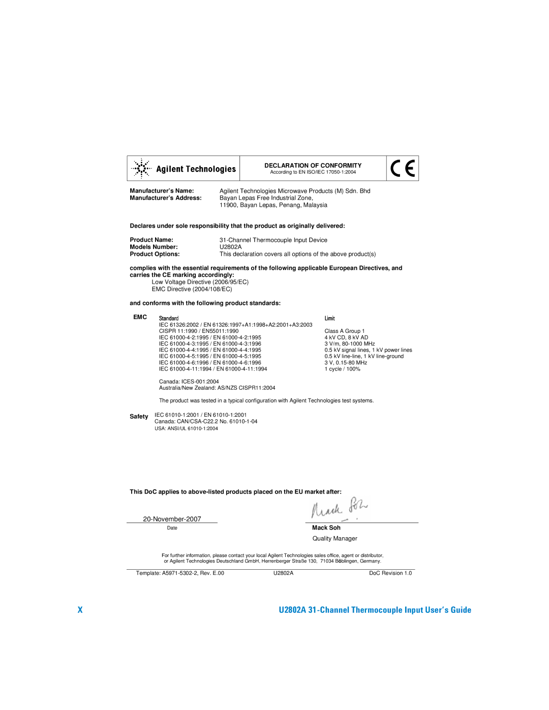 Agilent Technologies U2802A manual November-2007 