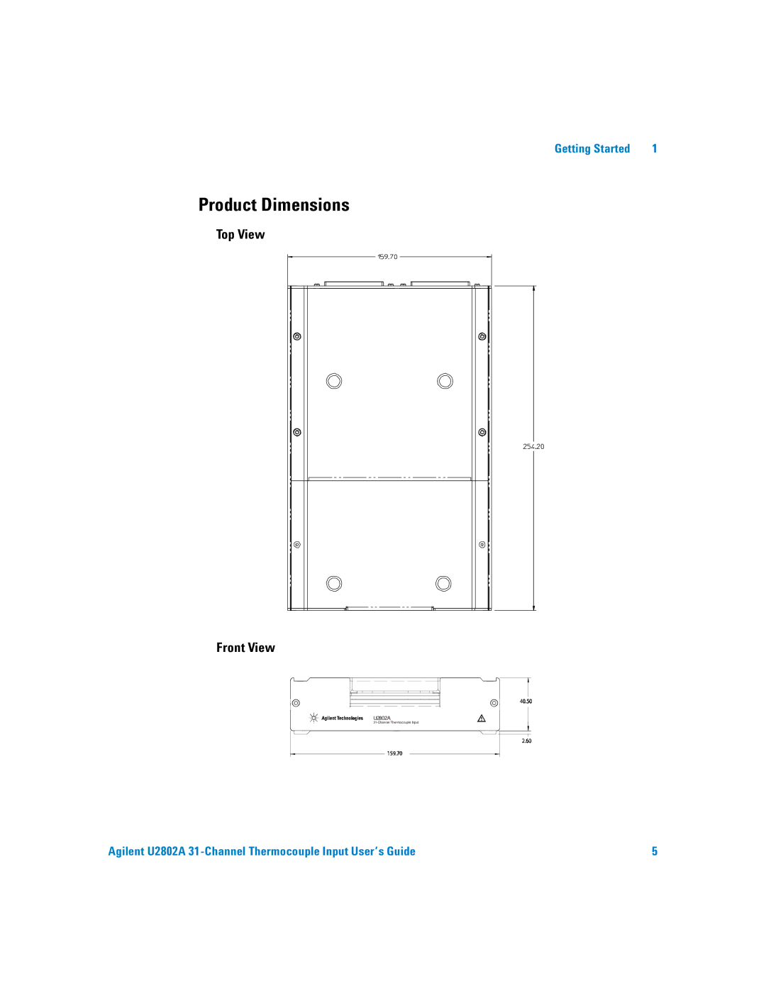 Agilent Technologies U2802A manual Product Dimensions, Top View Front View 