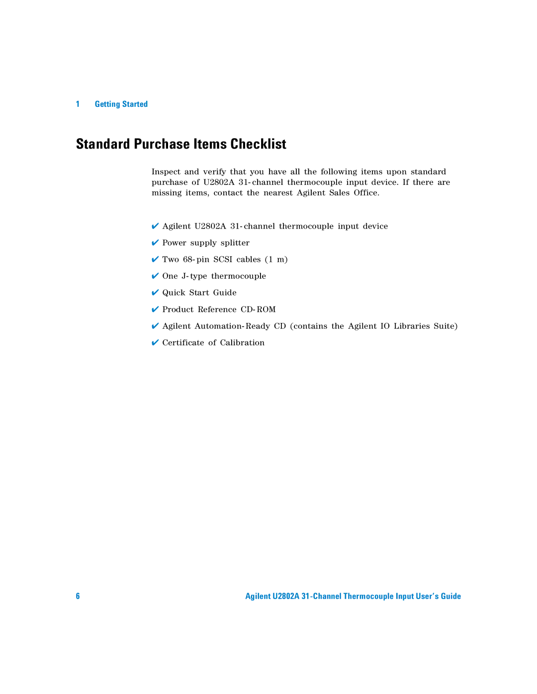 Agilent Technologies U2802A manual Standard Purchase Items Checklist 