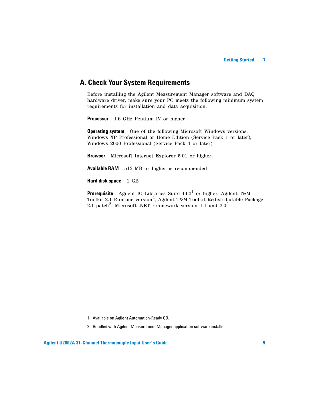 Agilent Technologies U2802A manual Check Your System Requirements, Hard disk space 1 GB 