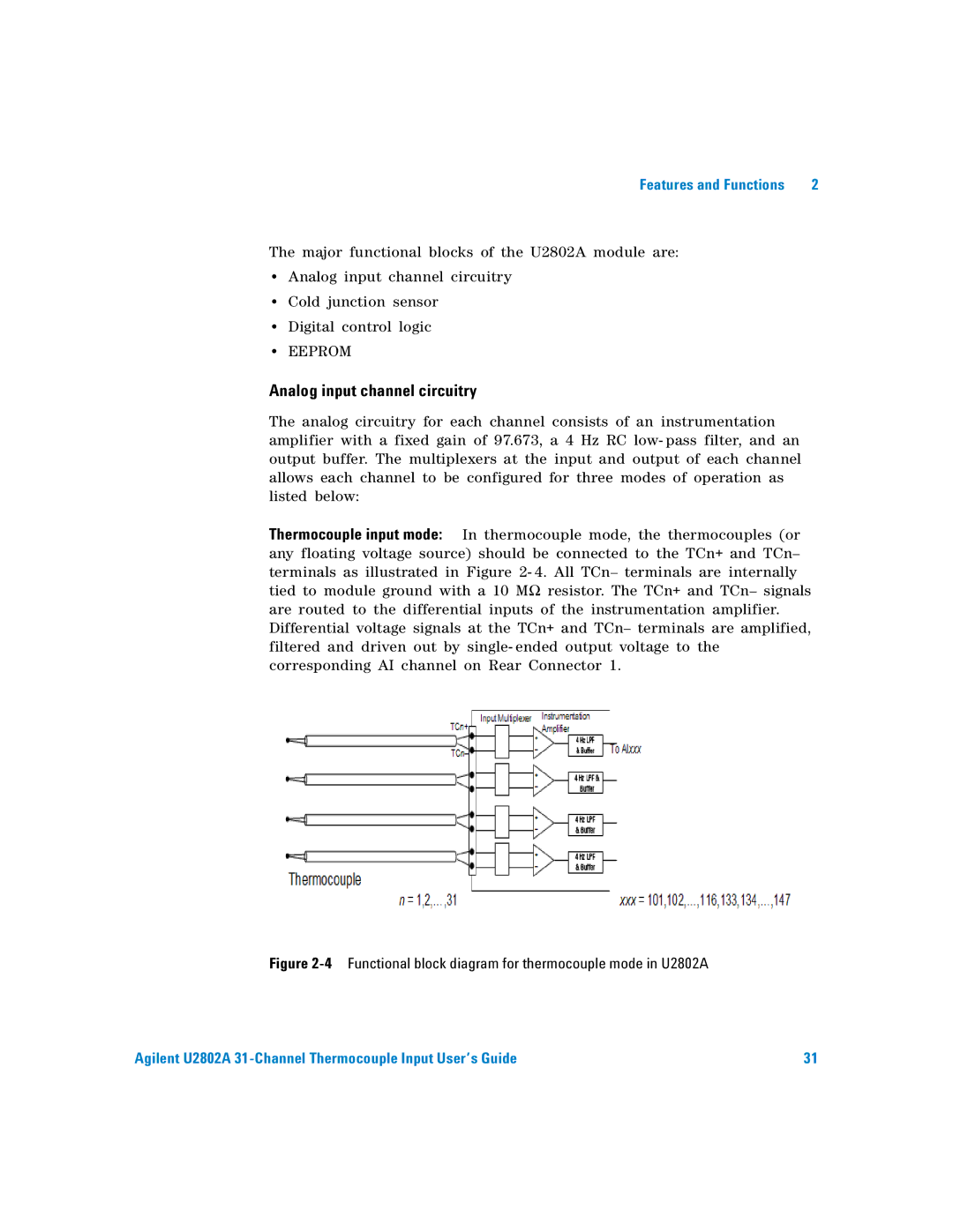 Agilent Technologies manual Analog input channel circuitry, 4Functional block diagram for thermocouple mode in U2802A 