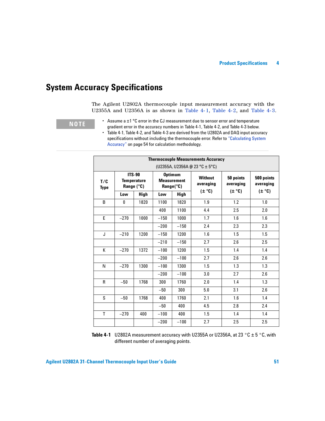 Agilent Technologies U2802A manual System Accuracy Specifications, Accuracy on page 54 for calculation methodology 