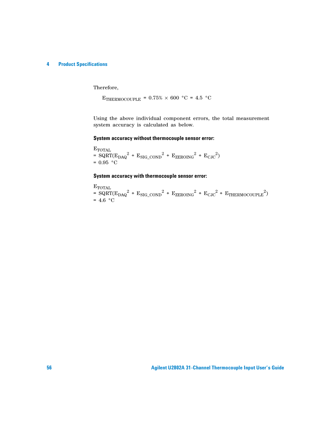 Agilent Technologies U2802A manual System accuracy without thermocouple sensor error 