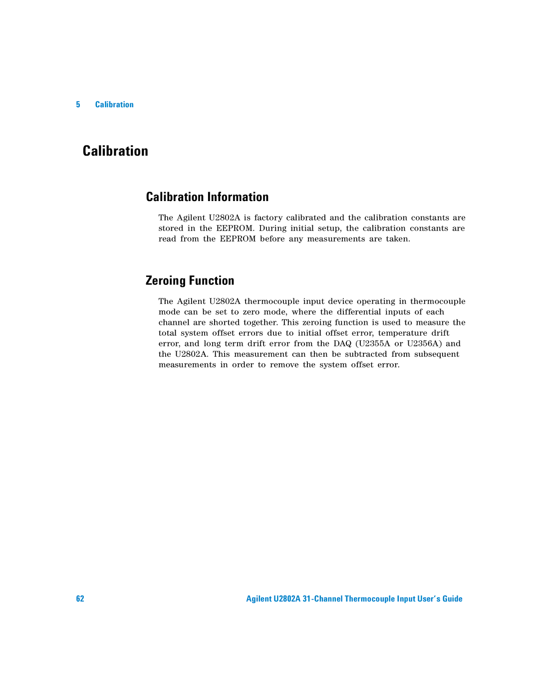 Agilent Technologies U2802A manual Calibration Information, Zeroing Function 