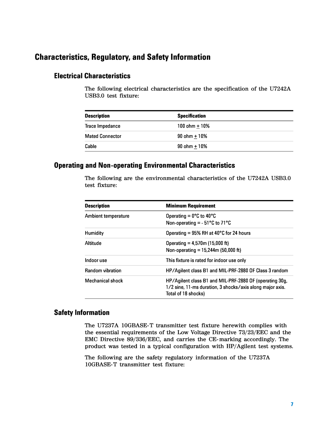 Agilent Technologies U7242A manual Characteristics, Regulatory, and Safety Information, Electrical Characteristics 