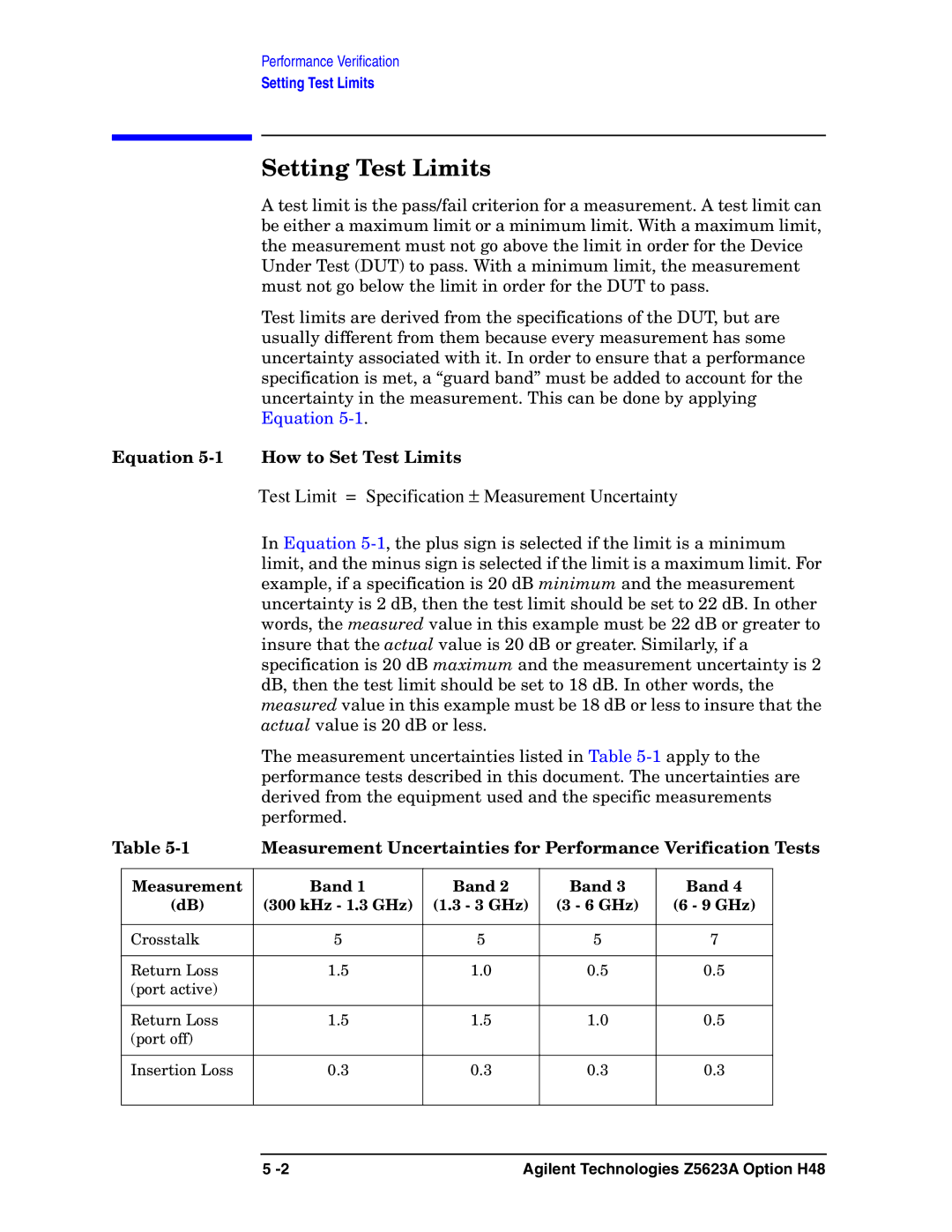 Agilent Technologies Z5623A manual Setting Test Limits, Equation 5-1 How to Set Test Limits, Measurement Band KHz 1.3 GHz 