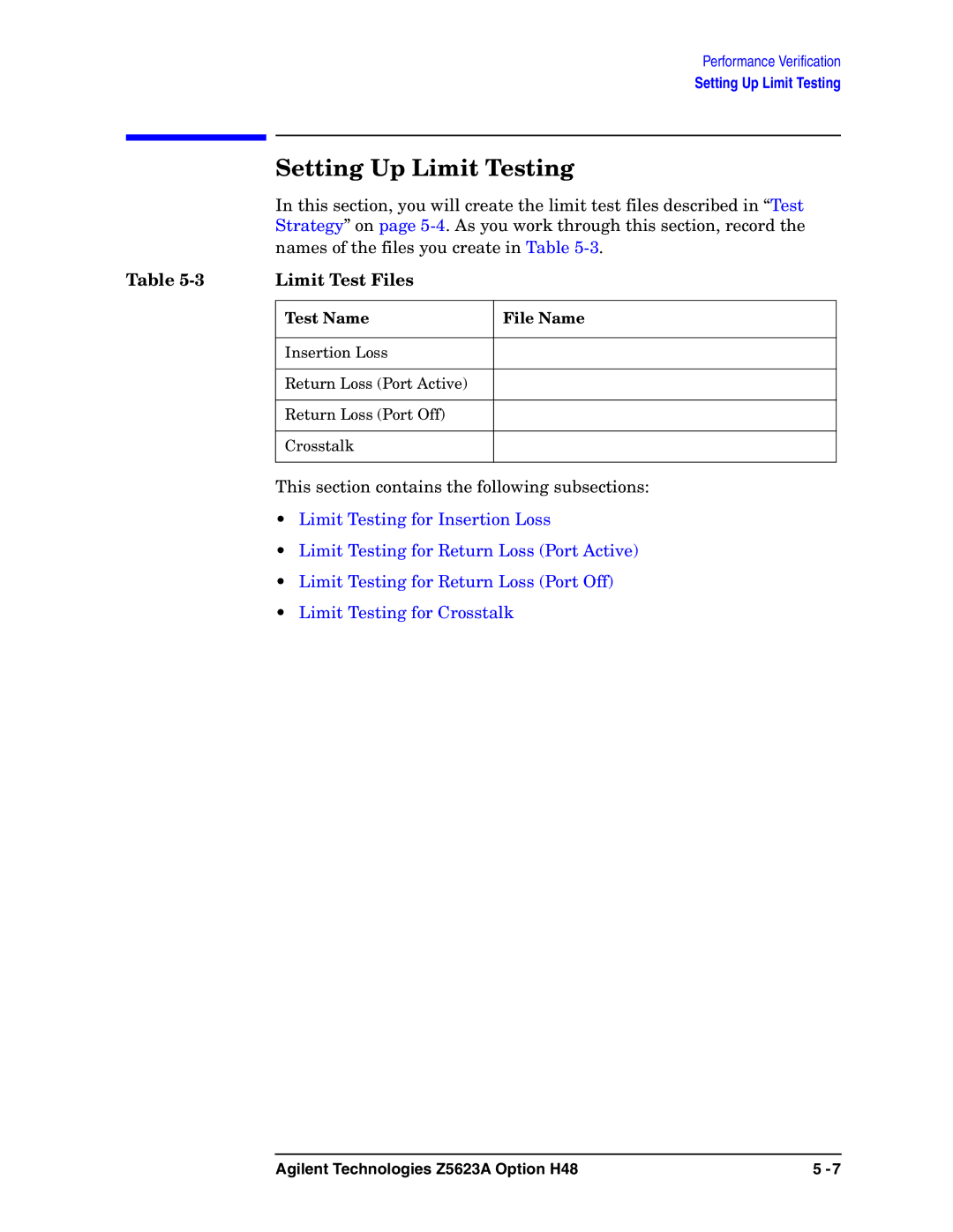 Agilent Technologies Z5623A manual Setting Up Limit Testing, Limit Test Files, Test Name File Name 