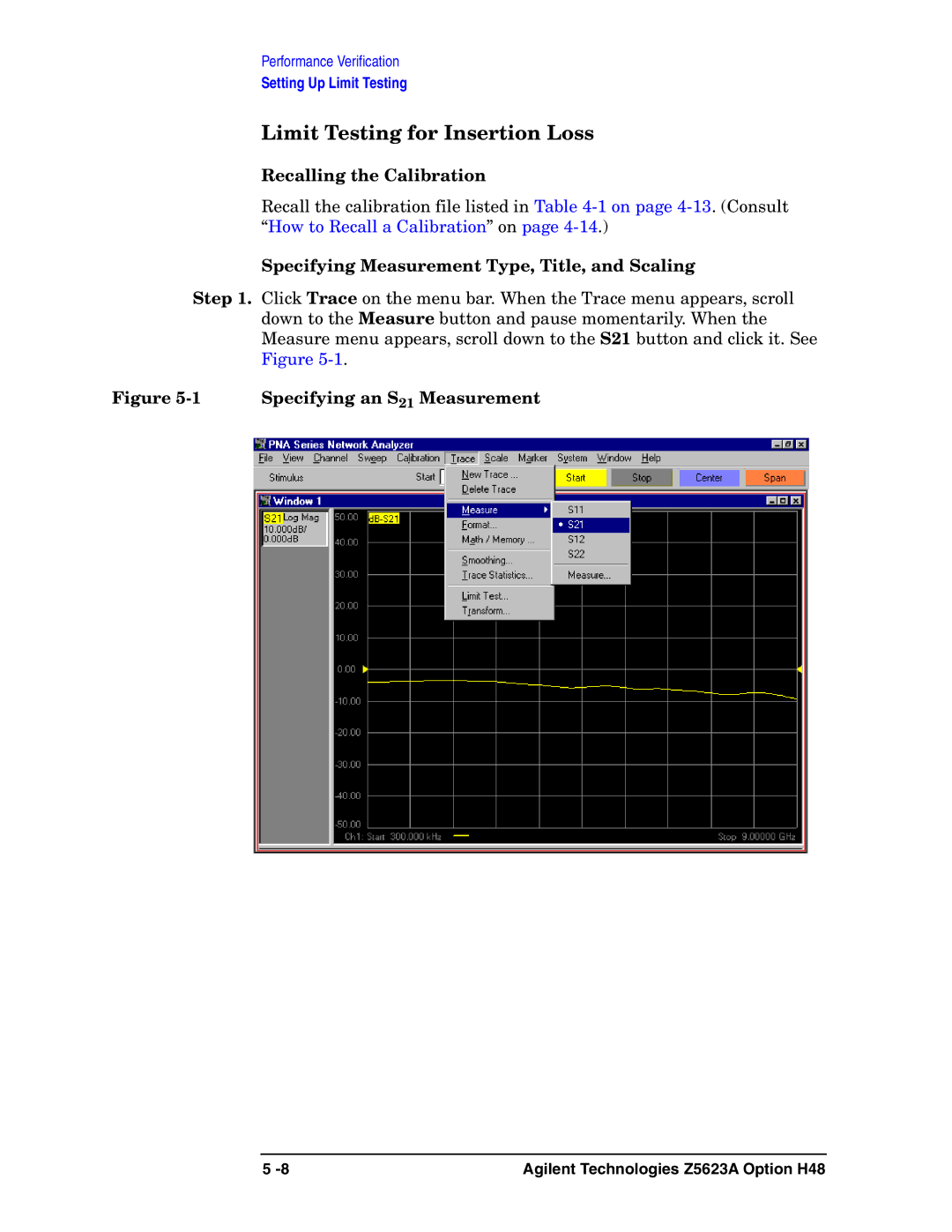 Agilent Technologies Z5623A manual Limit Testing for Insertion Loss, Recalling the Calibration 