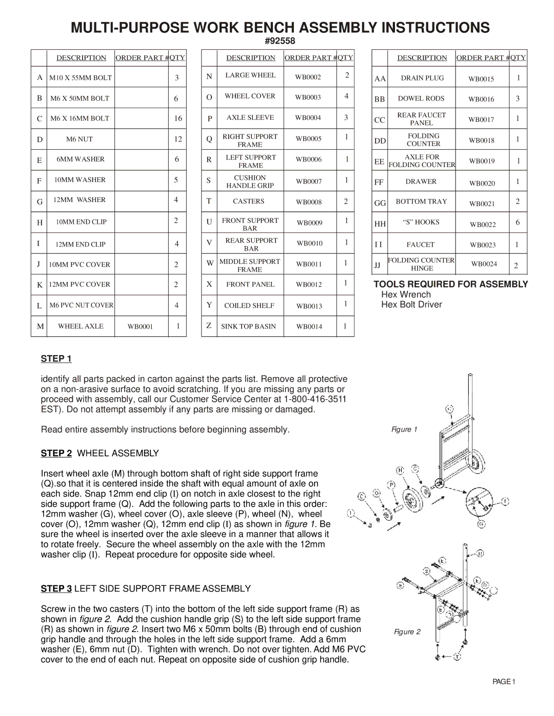 Agio International 92558 manual Wheel Assembly, Left Side Support Frame Assembly 