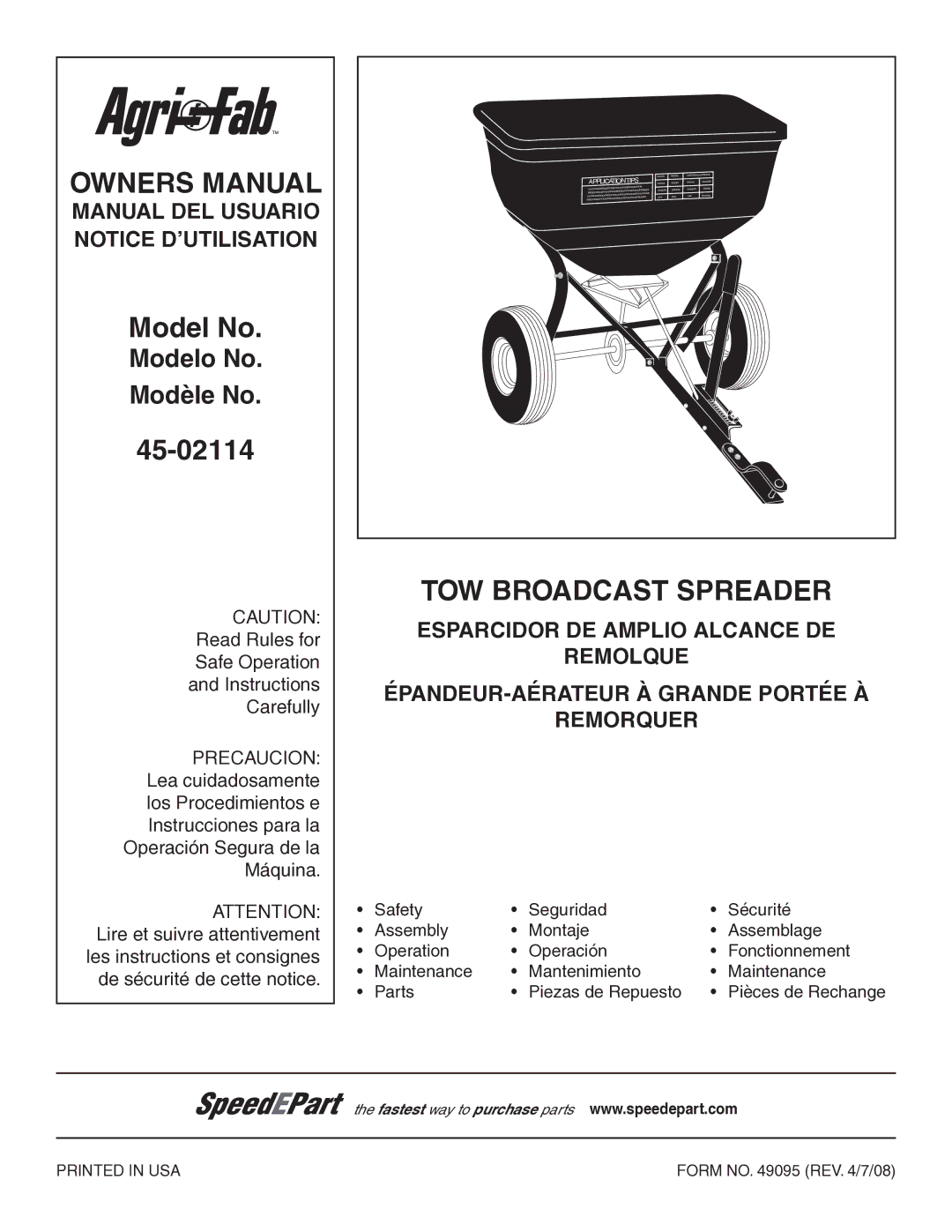 Agri-Fab 45-02114 owner manual TOW Broadcast Spreader 