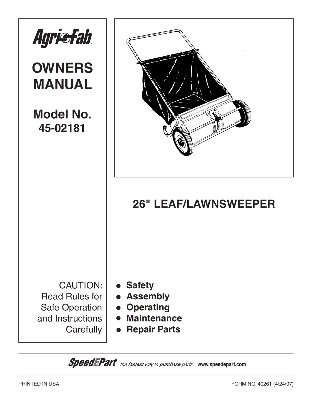 Agri-Fab 45-02181 owner manual Model No 