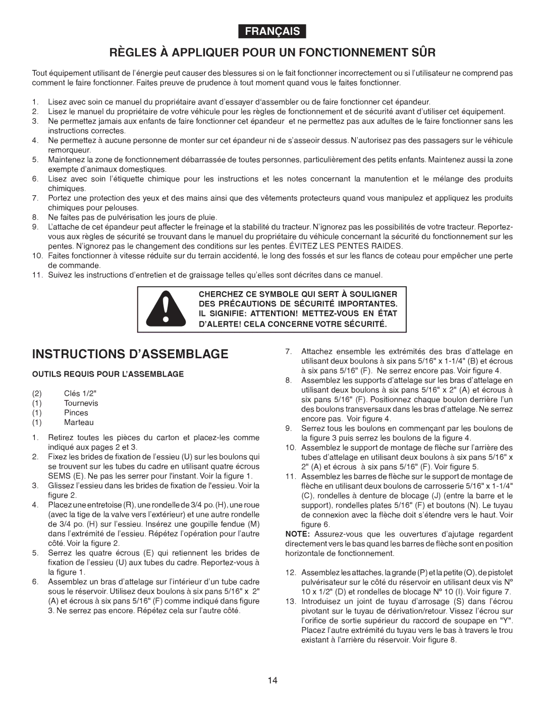 Agri-Fab 45-02932 owner manual Règles À Appliquer Pour UN Fonctionnement SÛR, Outils Requis Pour L’ASSEMBLAGE 